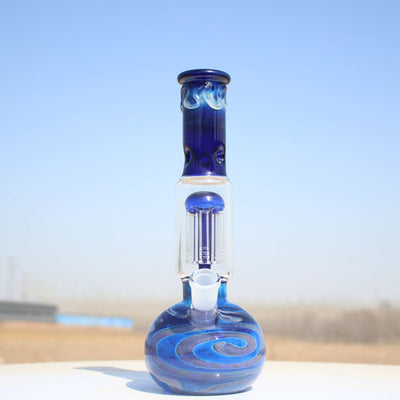 10.5’ Blue Buddha glass water pipe with swirling patterns and percolator chamber