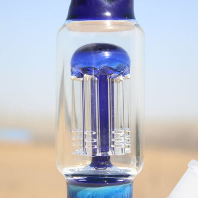 10.5’ Blue Buddha Glass Water Pipe with curved glass tubes and blue liquid display