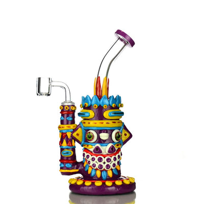 Colorful Aztec Art Water Pipe Rig with 14mm Male Banger featuring tribal-inspired designs