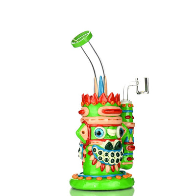 Colorful, whimsical Aztec art water pipe rig with cartoon features and 14mm male banger