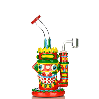 Aztec Art Water Pipe Rig with 14mm Male Banger - Tiki-Inspired Whimsical Glass Design