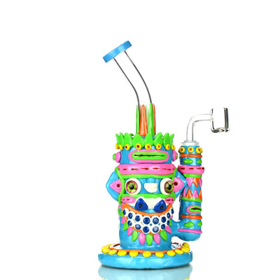 Aztec Art Water Pipe Rig with whimsical face design and 14mm male banger
