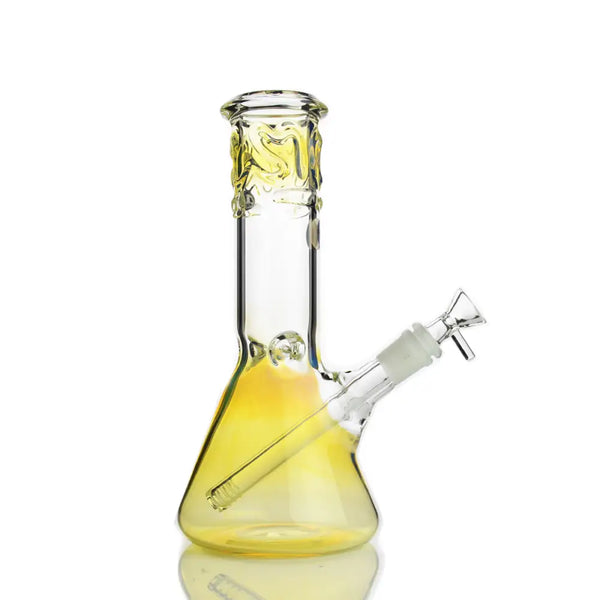 10 Inch Fumed Glass Beaker Water Pipe with Yellow Gradient and Floral Etching