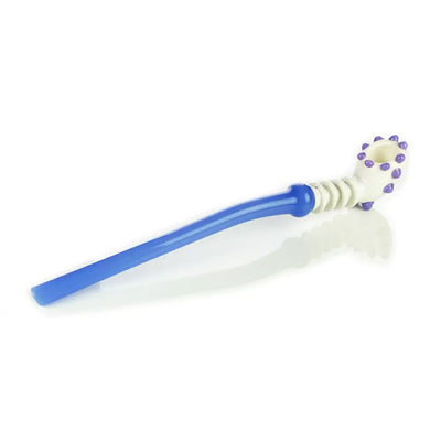 Electric toothbrush with blue and white design featuring purple accents and dark glass details