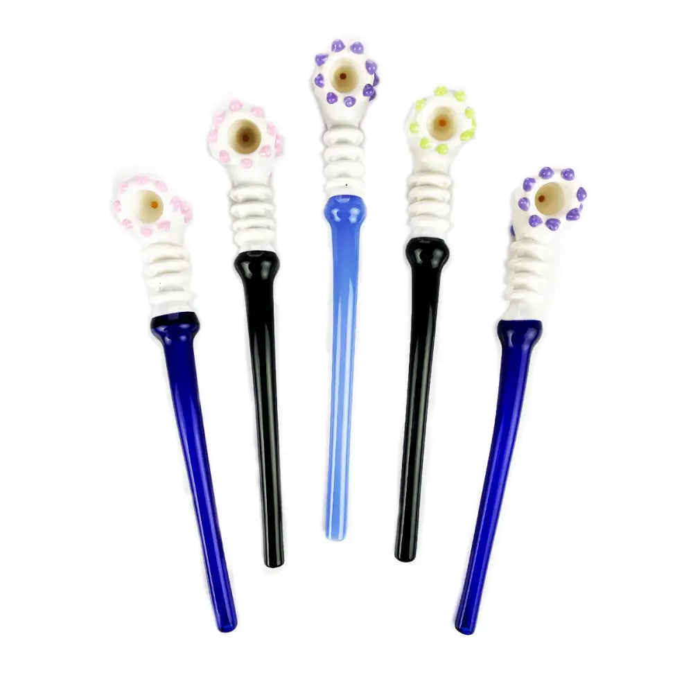 Glass bubble wands with flower-shaped tops in blue and black for sherlock glass pipe displays