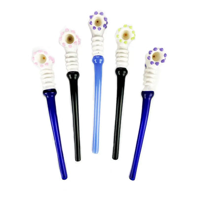 Glass bubble wands with flower-shaped tops in blue and black for sherlock glass pipe displays