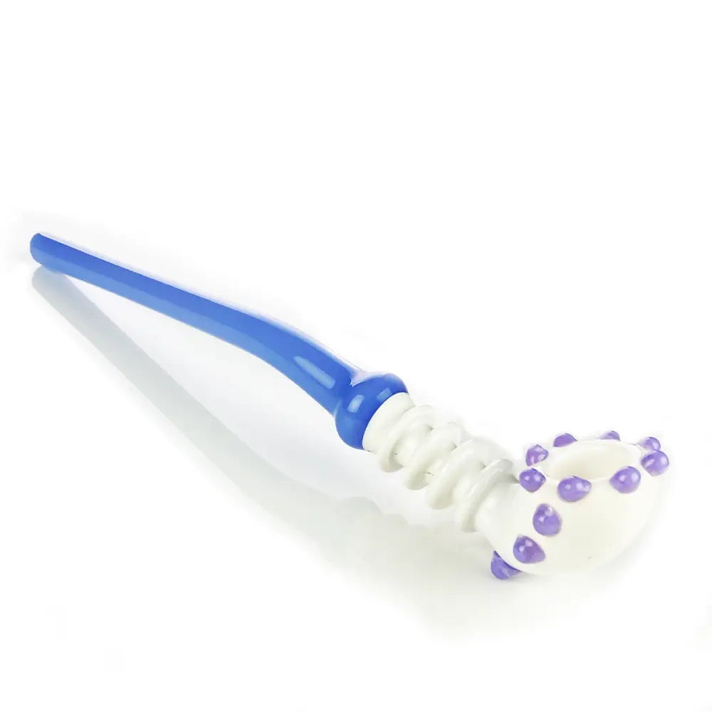 Blue-handled massage roller with white ridges and purple beads for sherlock glass pipe care