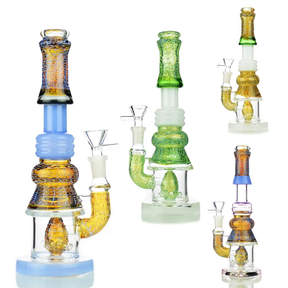 Decorative glass water pipe bubble trap art with colored accents and curved necks