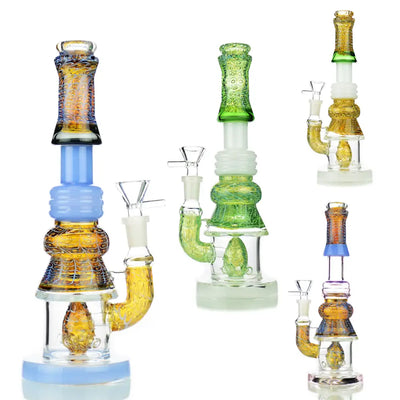 Decorative glass water pipe bubble trap art with colored accents and curved necks