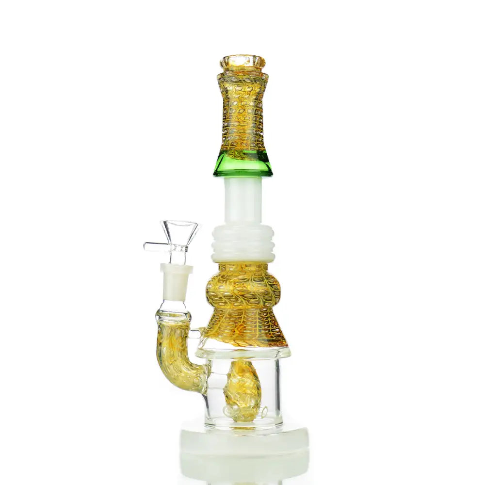 Yellow and white glass water pipe with bubble trap art and M9 Perc for smooth hits