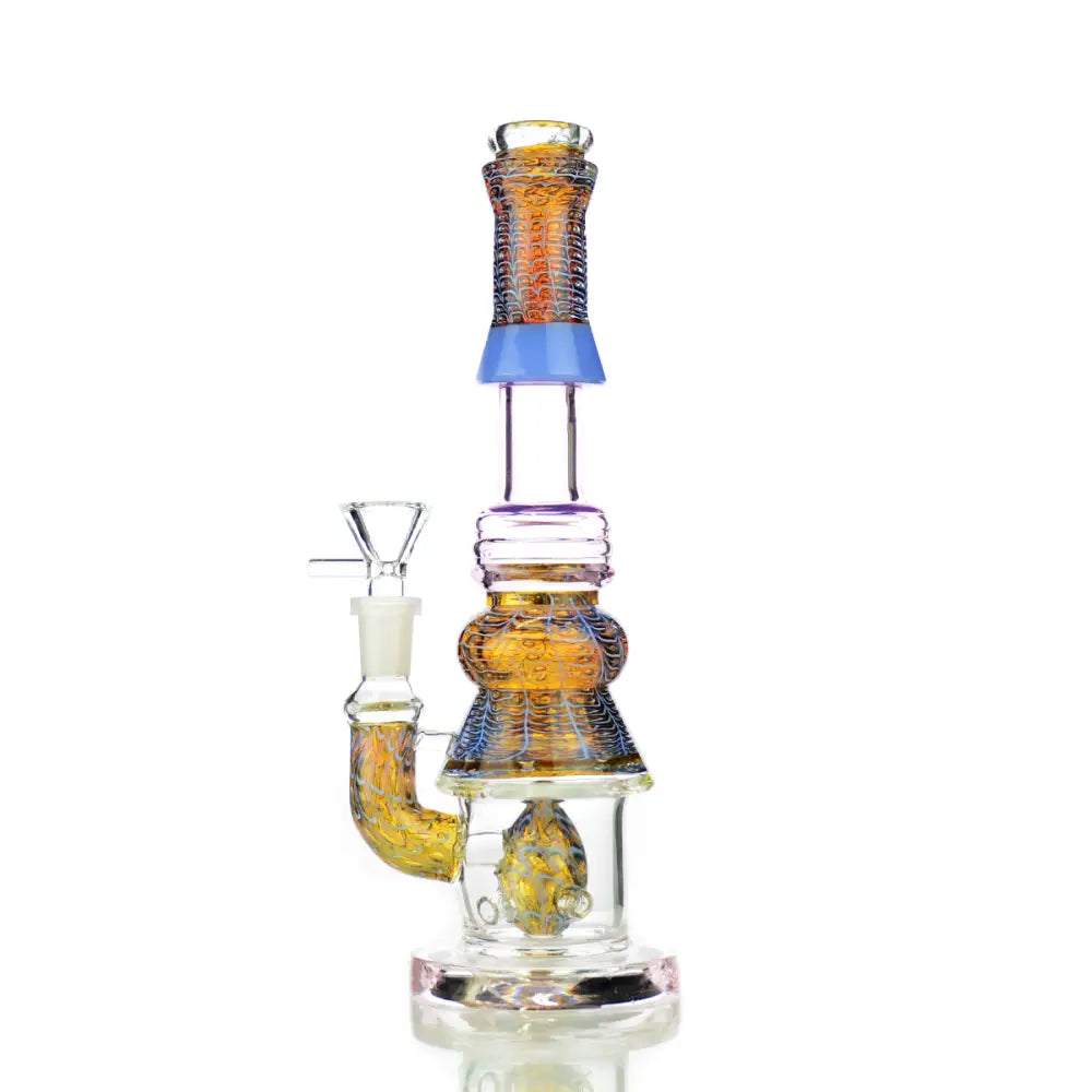 Decorative glass water pipe with blue accents and amber chambers bubble trap art