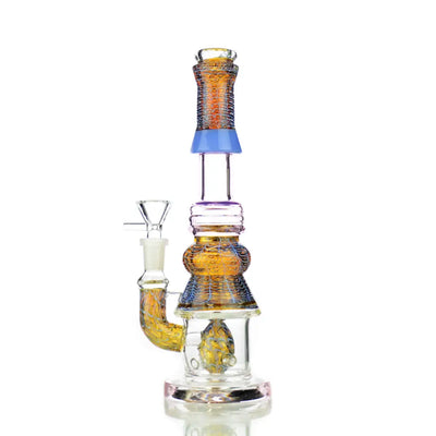 Decorative glass water pipe with blue accents and amber chambers bubble trap art