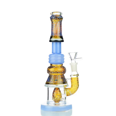 Glass water pipe with blue accents and amber chambers, featuring a bubble trap art design