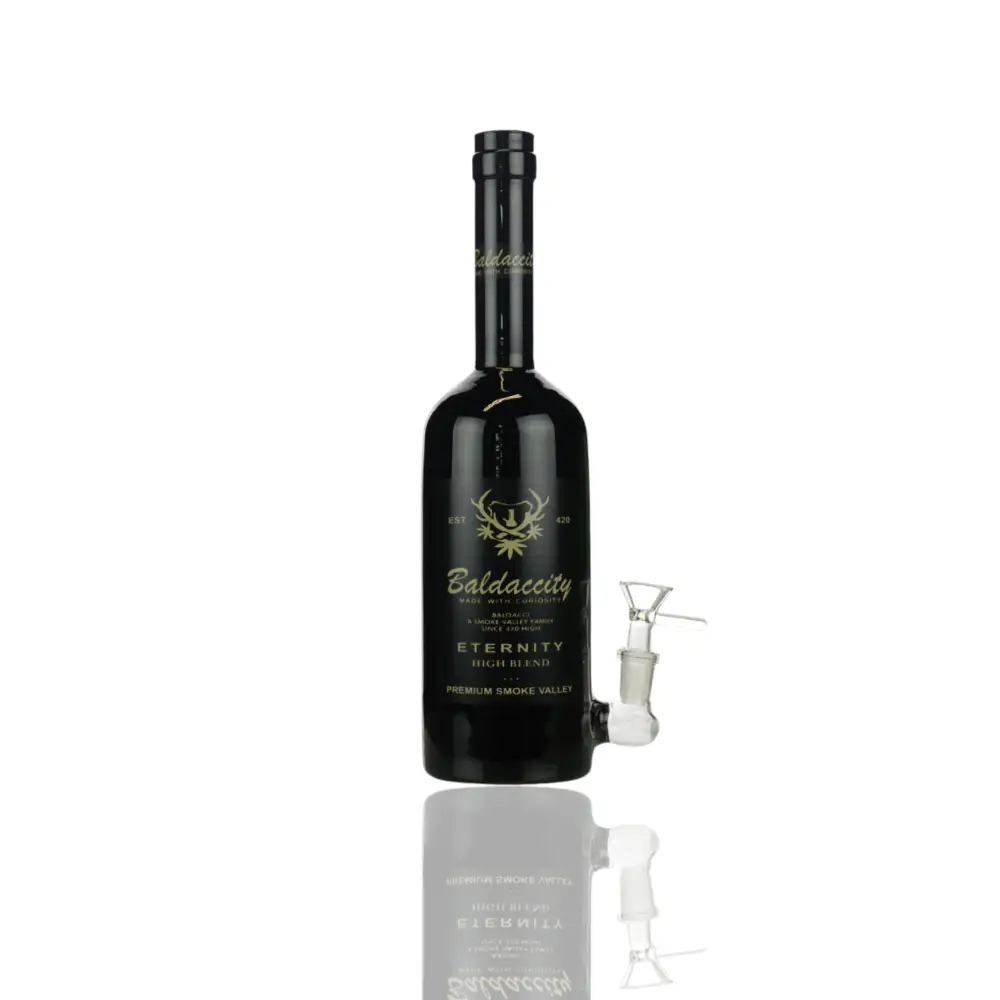 Black glass Baldacity Wine Bottle Bong featuring a 14mm male bowl for enhanced smoking
