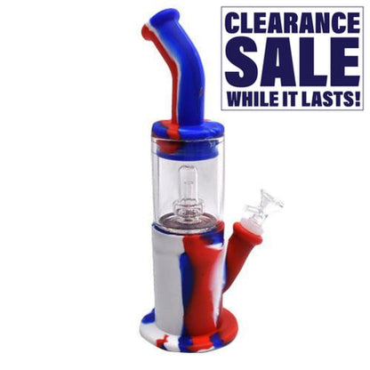 12 Bent Neck Hybrid Glass Hand Pipe with red, white, and blue silicone perc waterpipe design