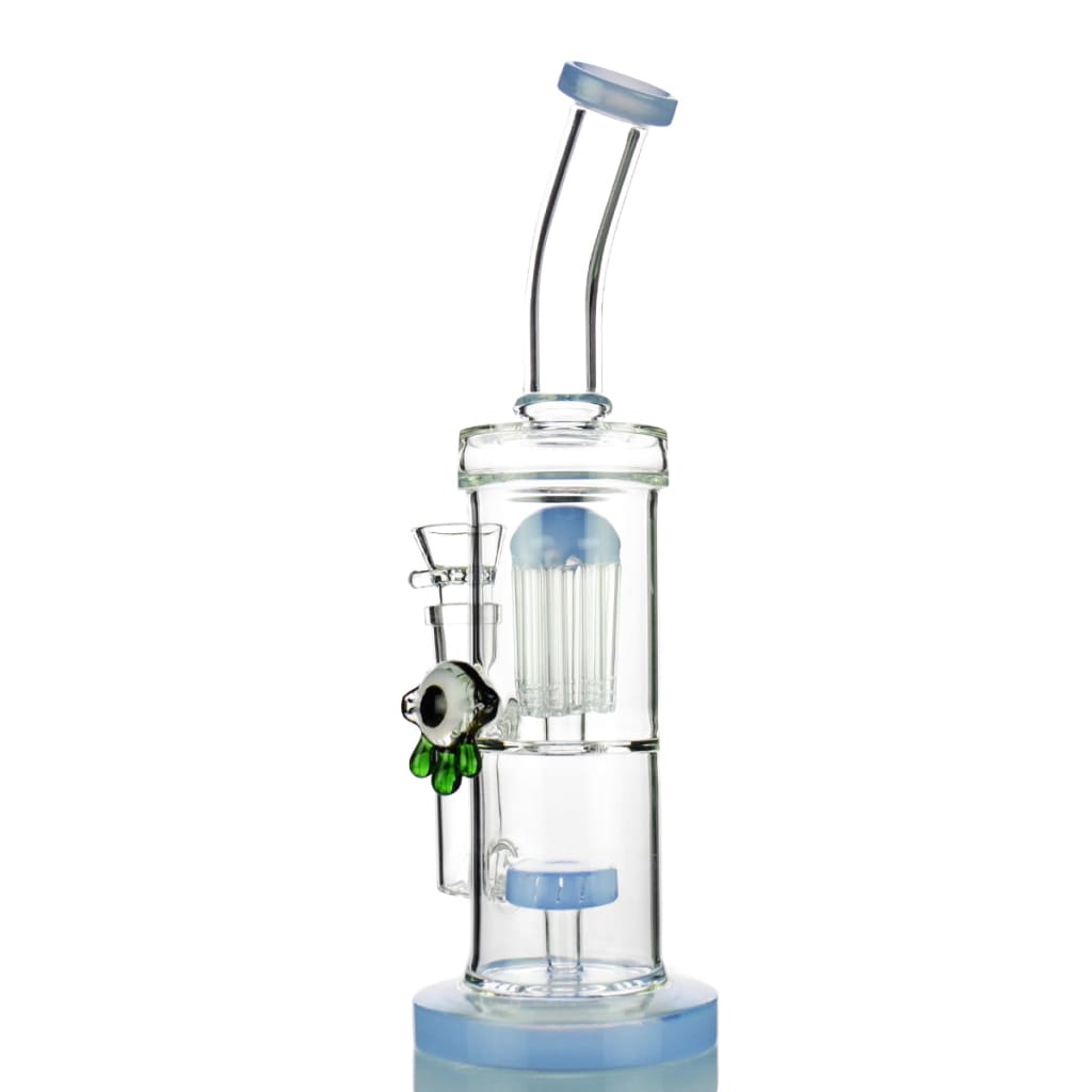 Slime double chamber water pipe with clear glass, blue accents, green leaf mouthpiece, 14mm male bowl