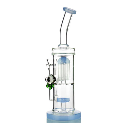 Slime double chamber water pipe with clear glass, blue accents, green leaf mouthpiece, 14mm male bowl