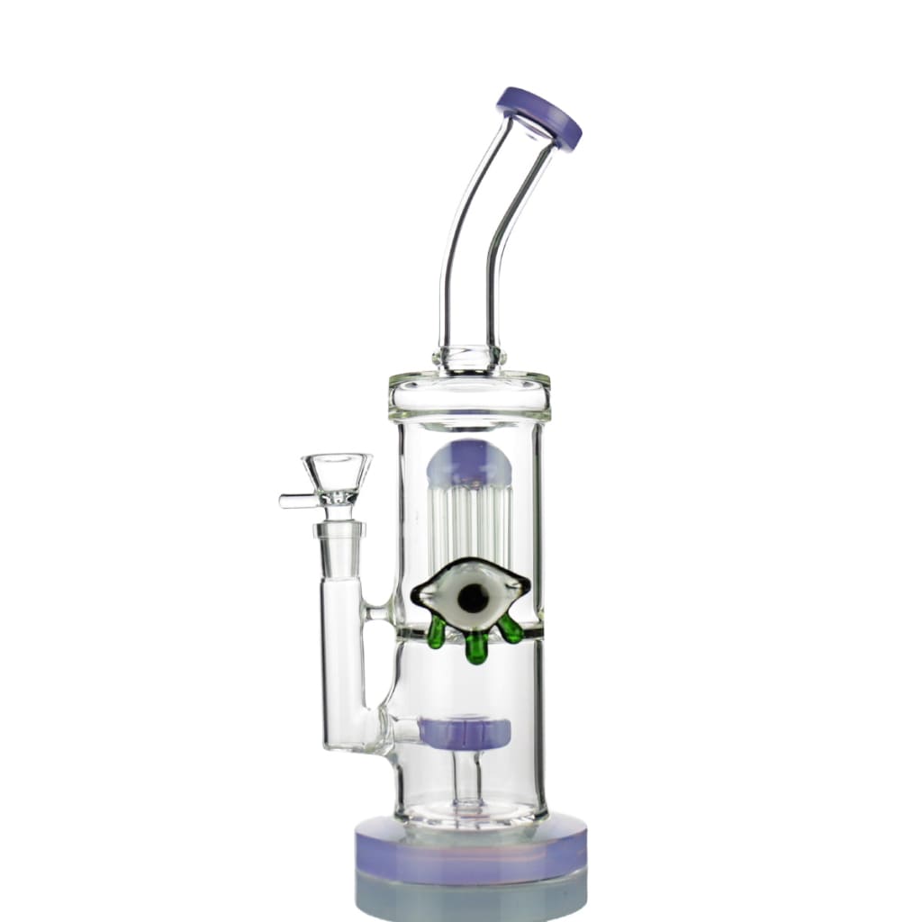 Slime double chamber water pipe with clear glass, purple accents, green eye, 14mm male bowl