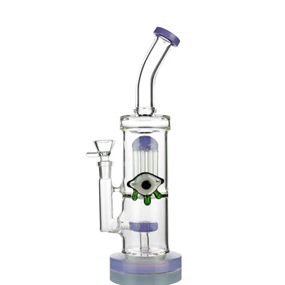 Slime double chamber water pipe with clear glass, purple accents, green eye, 14mm male bowl