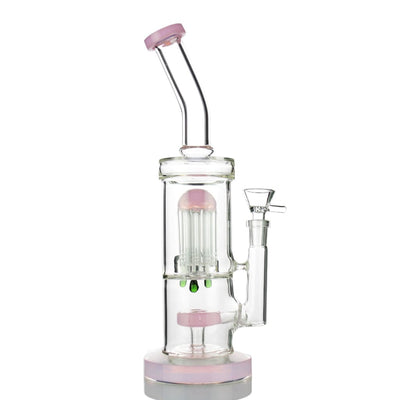 Slime double chamber water pipe with clear glass, pink accents, green beads, 14mm male bowl