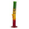 Rasta colored glass water pipe with tri-colored tube and lion design in green, yellow, and red