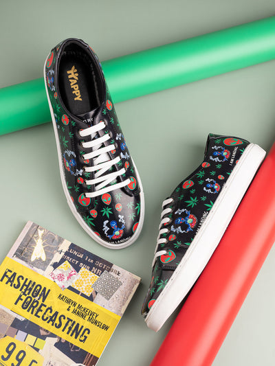 Deep Black Vegan Leather Shoes with Botanical Design