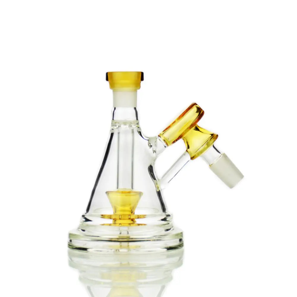 Clear glass dab rig with yellow accents featuring a 14mm conical ash catcher for clean smoking