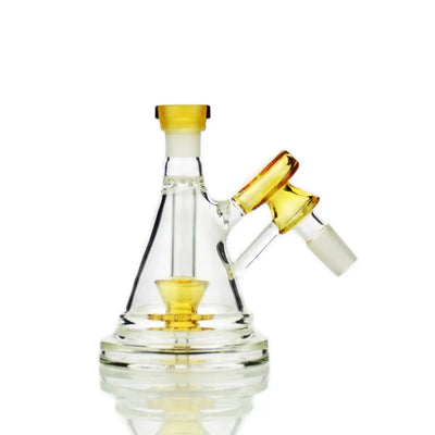 Clear glass dab rig with yellow accents featuring a 14mm conical ash catcher for clean smoking