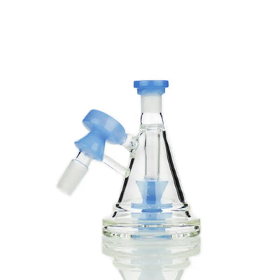 Clear glass bong with 14mm conical ash catcher with blue accents for clean smoking sessions