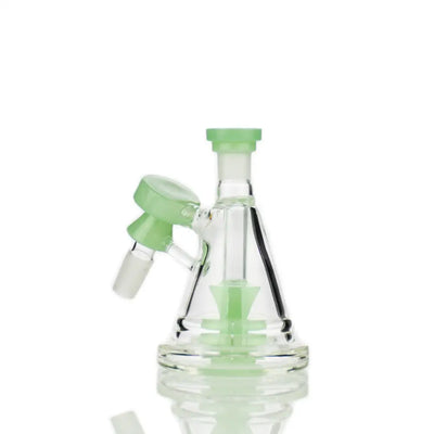 Glass water pipe with green accents showcasing 14mm conical ash catcher for clean smoking