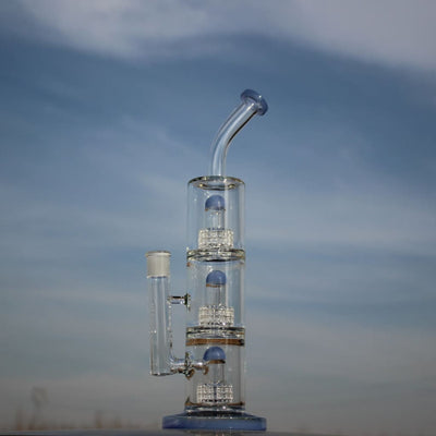 Glass water pipe with triple matrix percolator and curved neck for advanced filtration