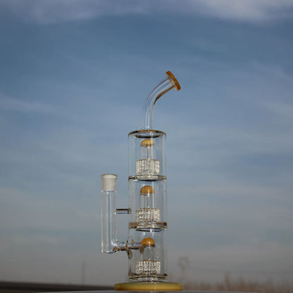 Glass water pipe with triple matrix percolator and amber mouthpiece for advanced filtration