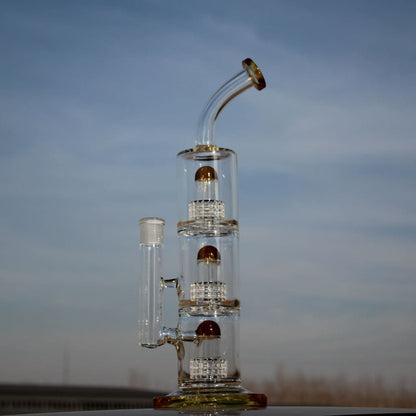Glass water pipe with triple honeycomb percolators featuring a 15’ triple matrix percolator for advanced filtration