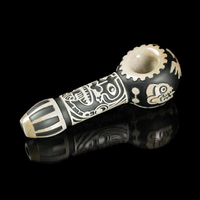 Artistic Maya Face Black Frit Glass Hand Pipe