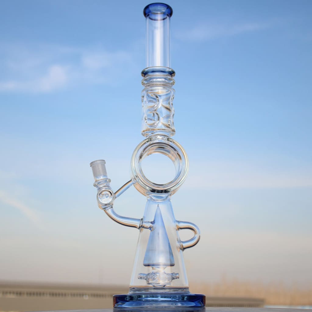 Clear glass water pipe with blue accents and donut percolator design, 18-inch size