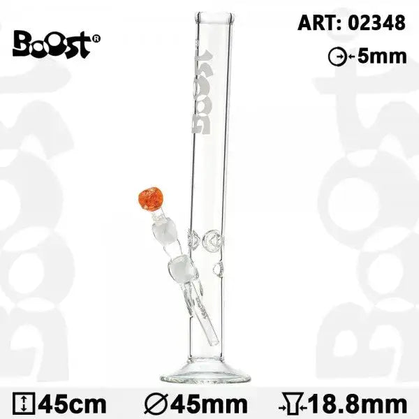 18-inch glass water pipe with flared base, ice catcher, and orange bowl piece
