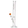 18-inch glass water pipe with a long straight tube, curved design, and orange-tipped stem