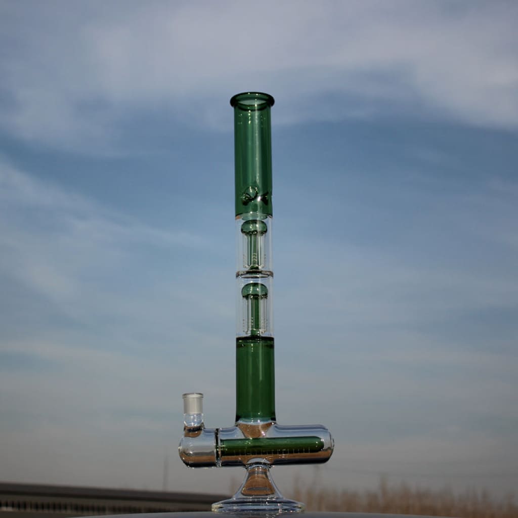 Dual Arm Percolated Glass Water Bong with Green Accents and Multiple Chambers
