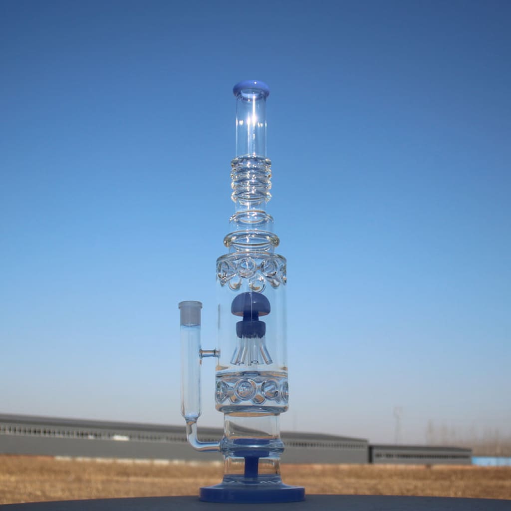 Jellyfish Sprinkler Percolator Glass Pipe with blue base and ornate water filtration system