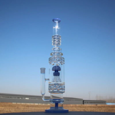 Jellyfish Sprinkler Percolator Glass Pipe with blue base and ornate water filtration system