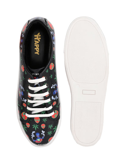 Deep Black Skull Pattern Vegan Leather Shoes
