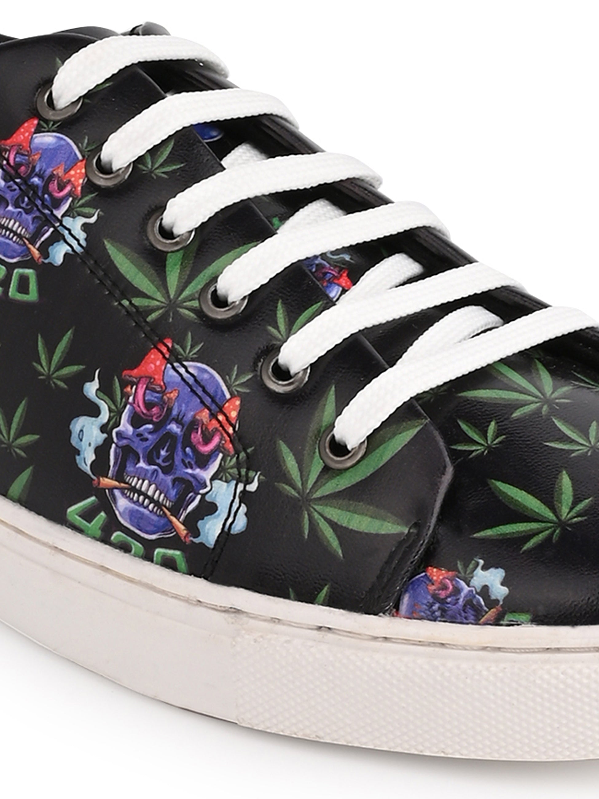 Deep Black Skull Pattern Vegan Leather Shoes