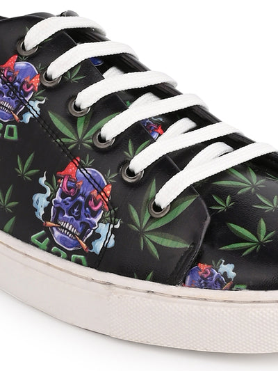 Deep Black Skull Pattern Vegan Leather Shoes