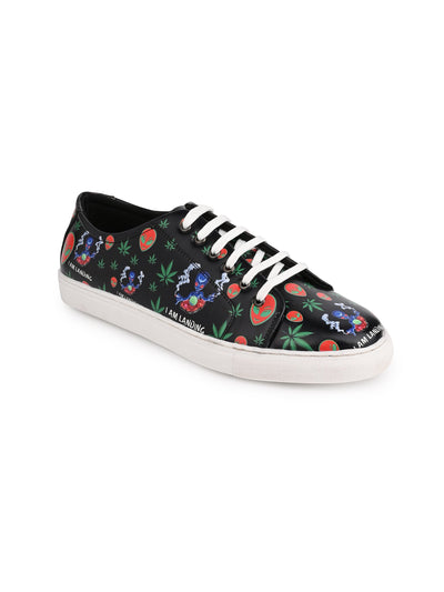 Deep Black Vegan Leather Shoes with Botanical Design