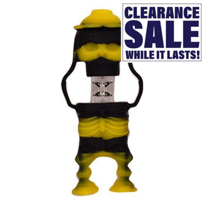 Yellow and black striped dab rig with intricate detailing for smooth smoking, perfect as a unique hand pipe