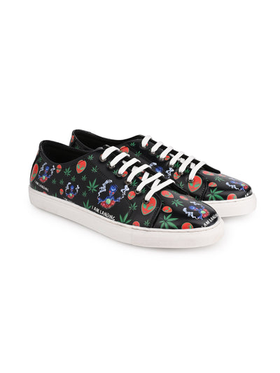 Deep Black Vegan Leather Shoes with Botanical Design