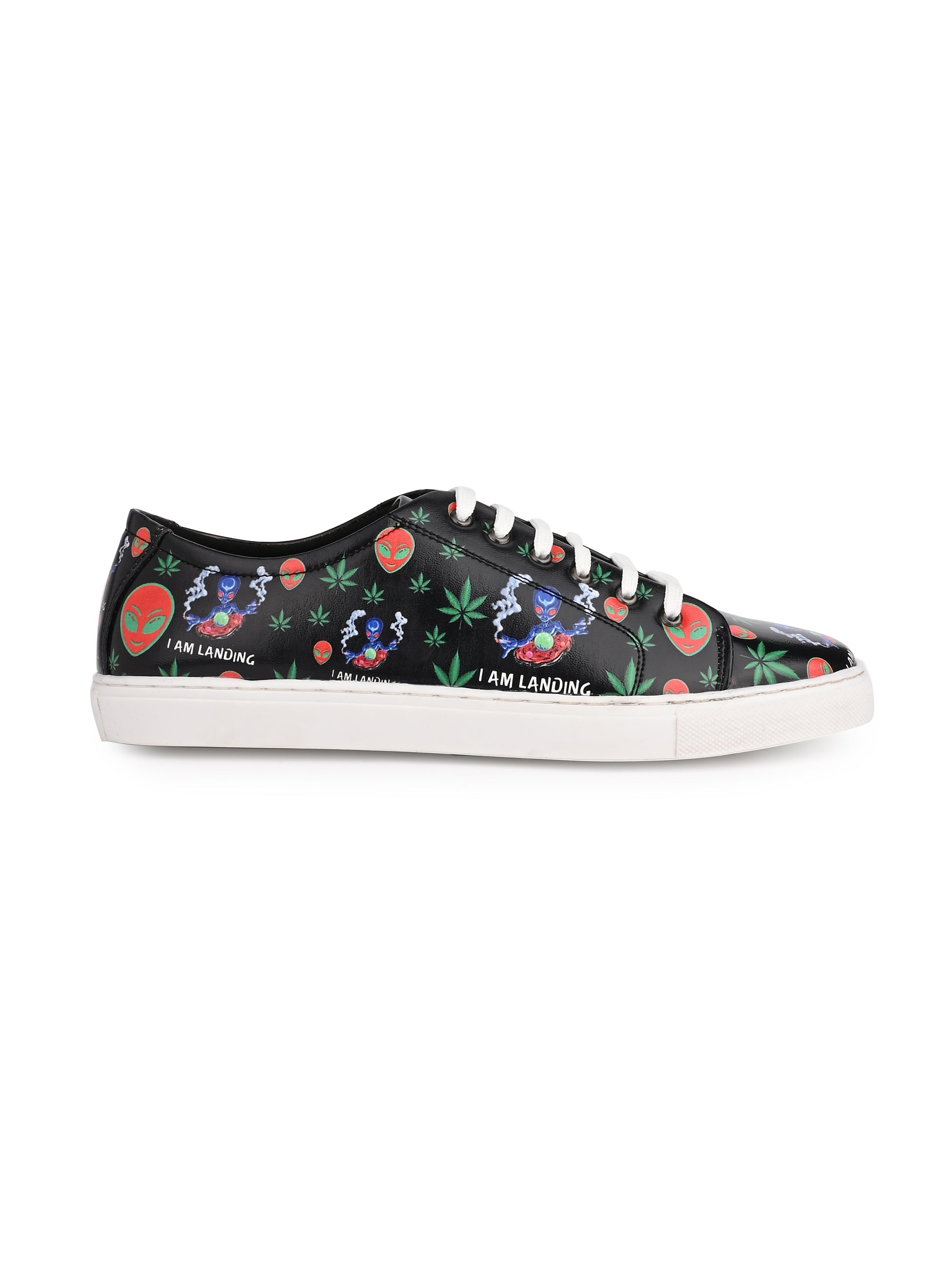Deep Black Vegan Leather Shoes with Botanical Design