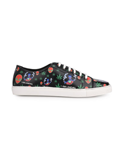 Deep Black Vegan Leather Shoes with Botanical Design