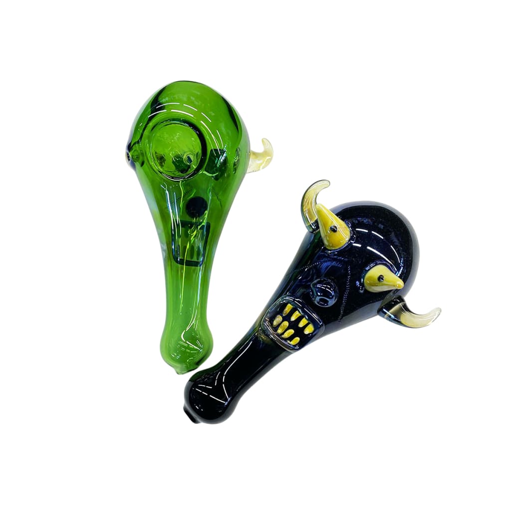 Devil Hand Pipe with Bold 2D Art Details: Alien Head Glass Pipes, Green and Black