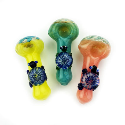 Colorful Frit Glass Honeycomb Head Turtle Hand Pipe with Decorative Floral Designs